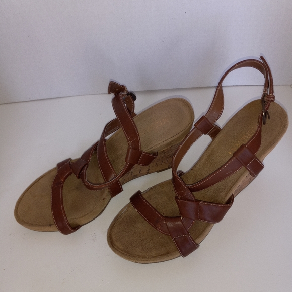 MERONA 4 in. Wedge 7.5 brown strappy sandal with cork look wedge 90's - Picture 2 of 7